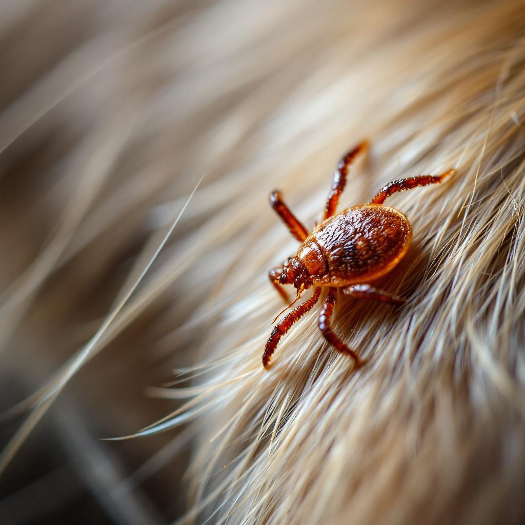 Veterinária examinando cão com carrapatos, laboratório ao fundo