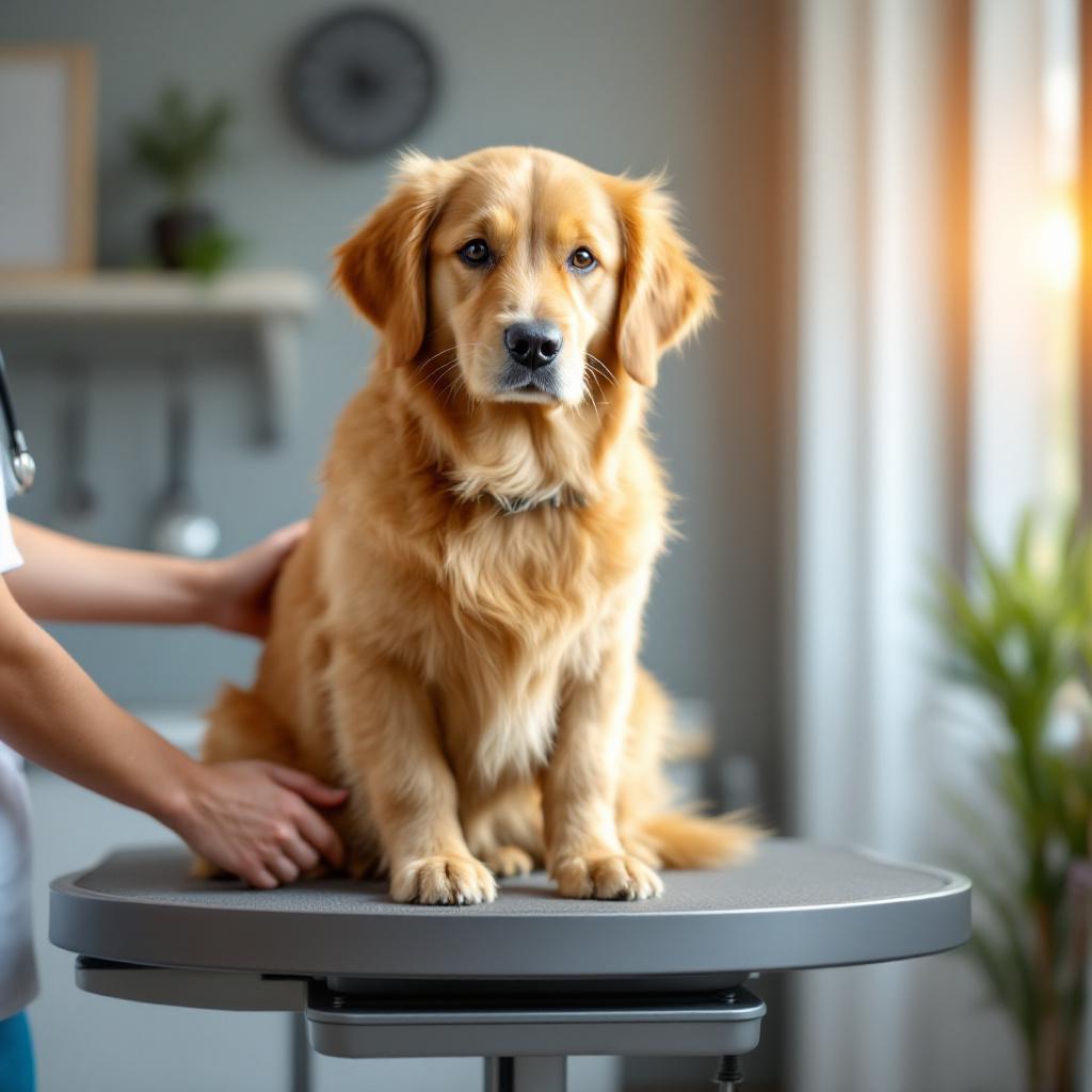 Golden retriever sendo pesado em balança veterinária em clínica moderna
