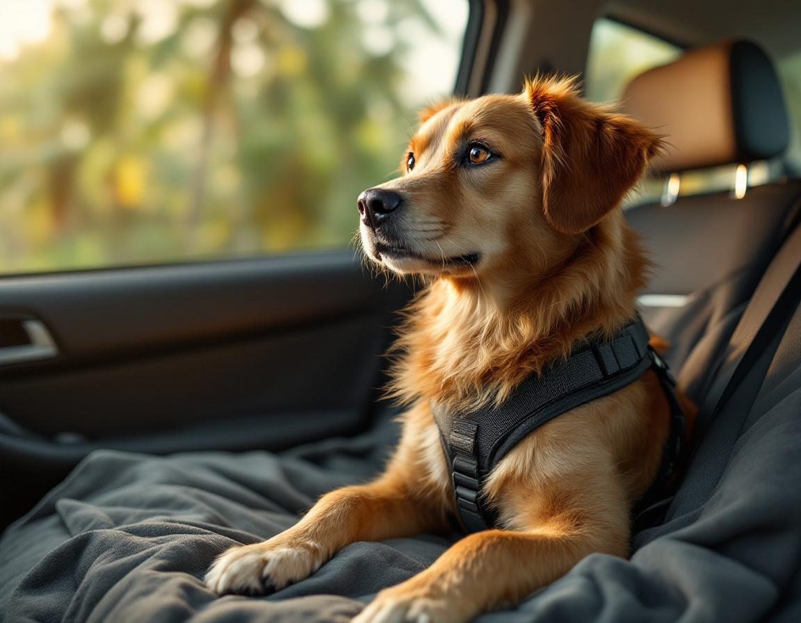 Cachorro com arnês de segurança e gato em caixa transportadora no banco traseiro de um carro