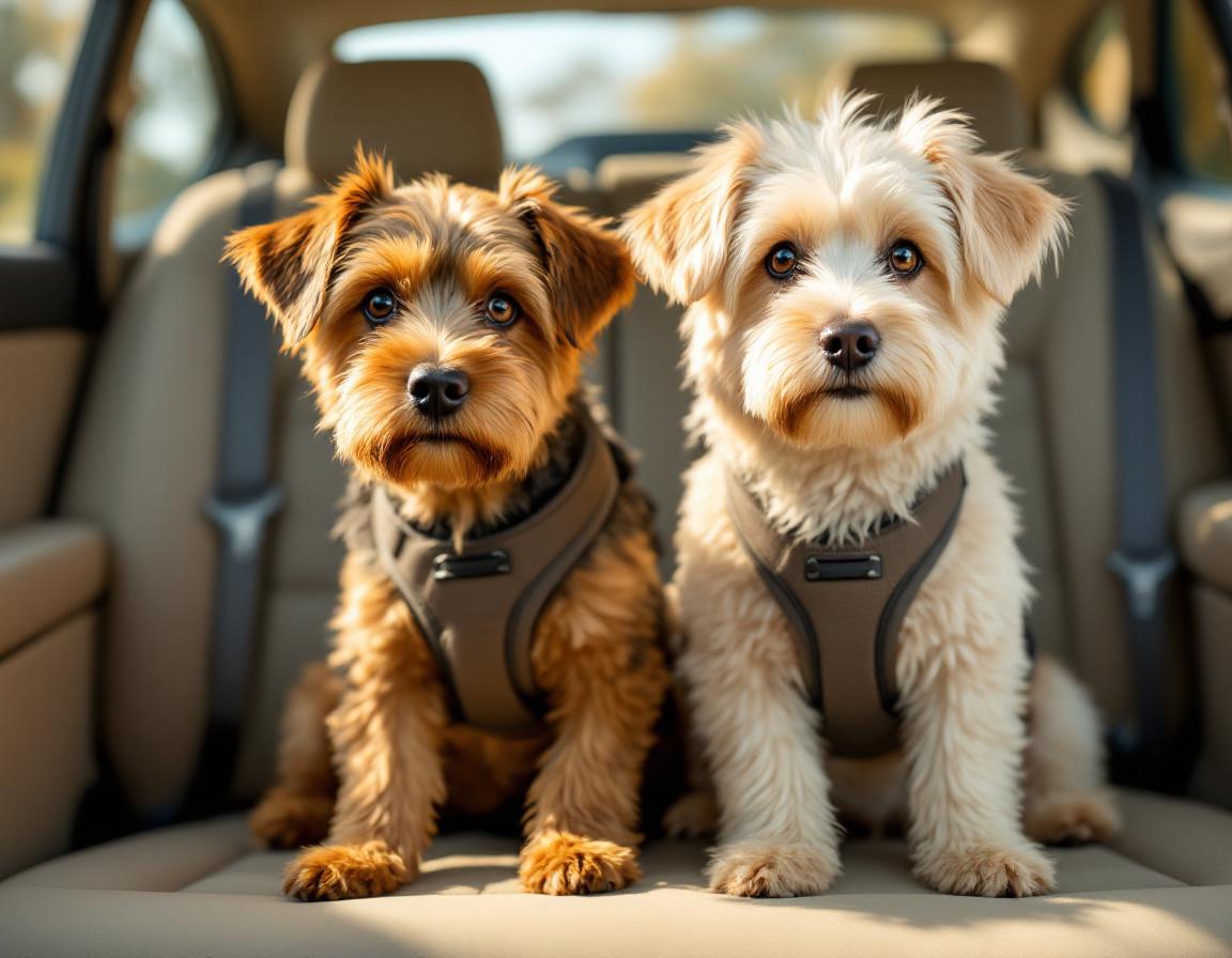 Dois cachorros de raças diferentes com arneses de segurança no banco traseiro de um carro